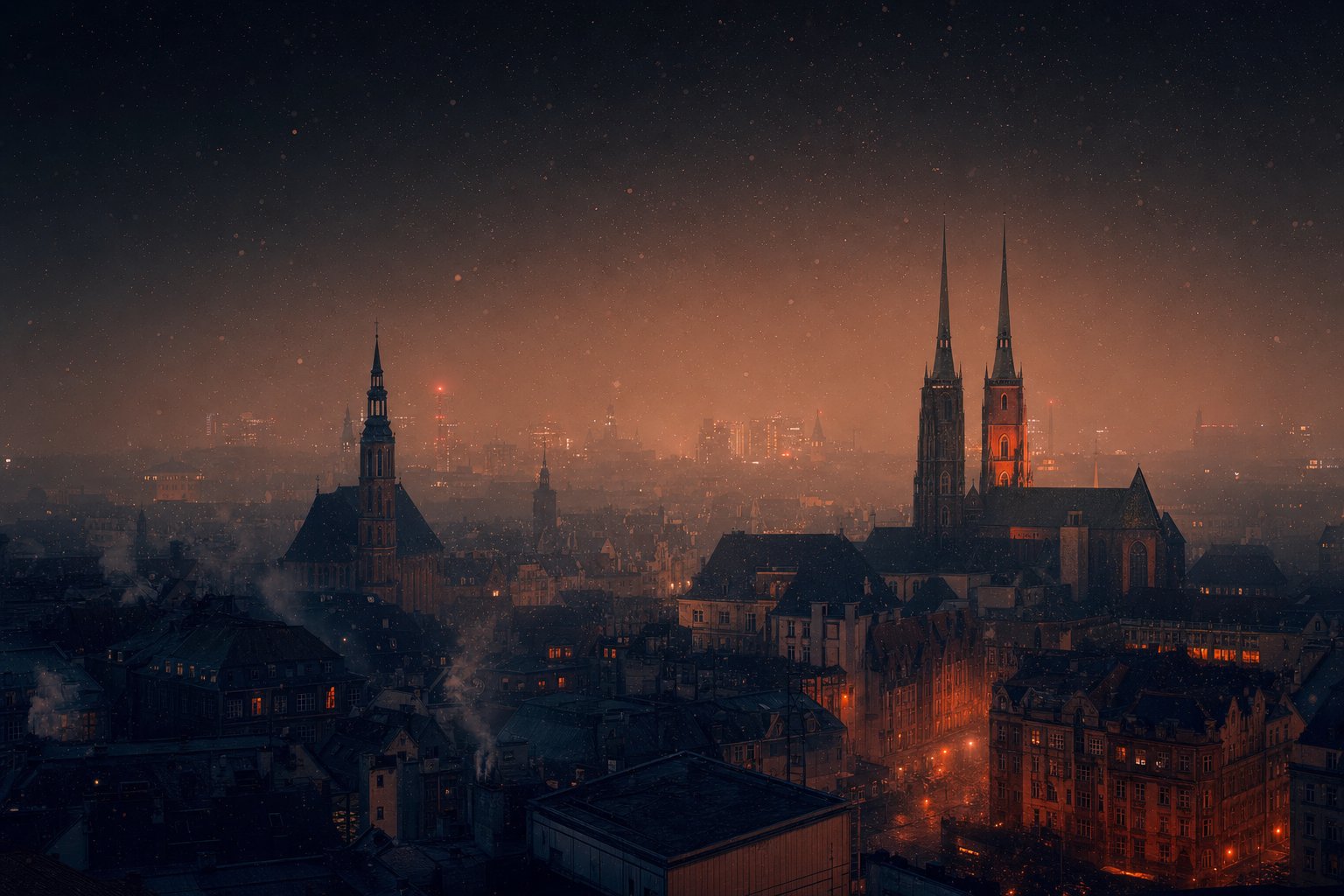 Wrocław zimą — smog nad Ostrowem Tumskim, widok z lotu ptaka o zmierzchu