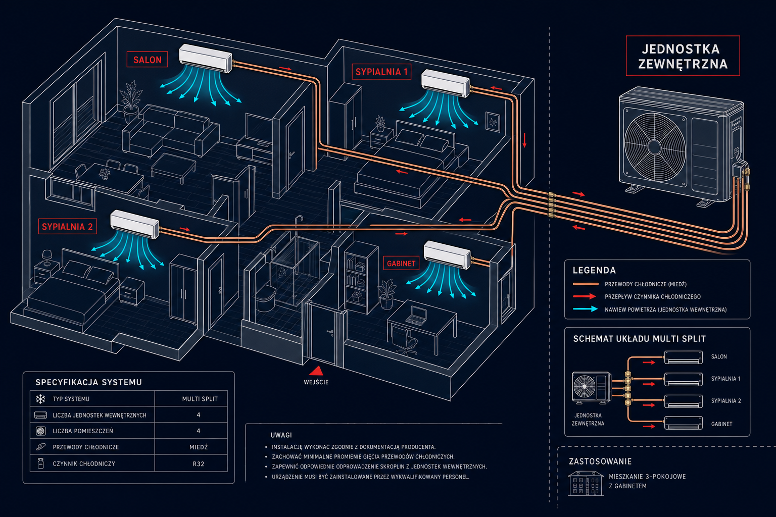 Schemat techniczny instalacji multi split w mieszkaniu 3-pokojowym — jedna jednostka zewnętrzna na elewacji + cztery jednostki wewnętrzne w pokojach: salon, sypialnia 1, sypialnia 2, gabinet — układ przewodów chłodniczych miedzianych
