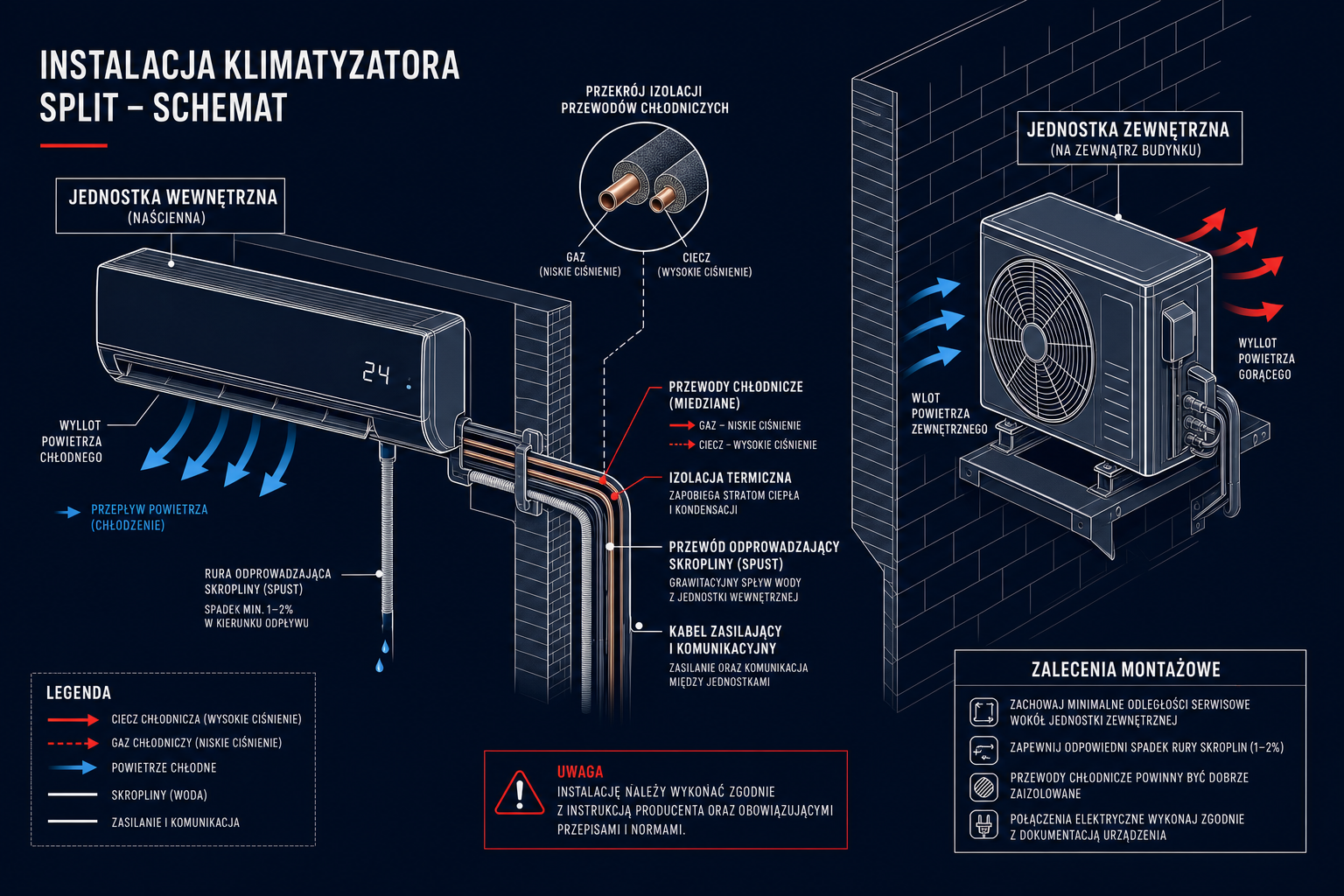 Schemat techniczny montażu klimatyzacji split — jednostka wewnętrzna naścienna, jednostka zewnętrzna na elewacji, przewody chłodnicze miedziane (gaz + ciecz), odpływ skroplin grawitacyjny, kabel zasilający